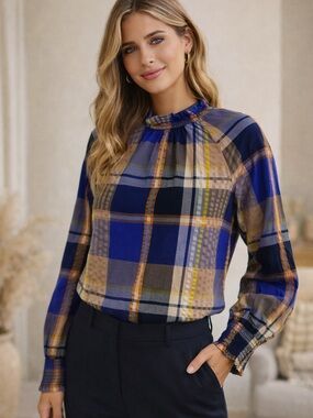 Ann Taylor Blue Plaid Mock-Neck Long-Sleeve Blouse